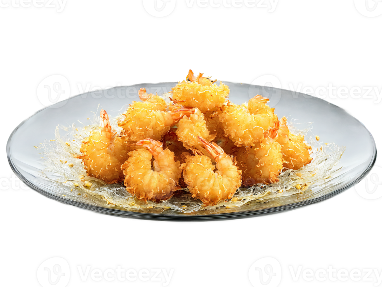 Ebi Furai Crispy fried shrimp with a golden tempura batter served on a glass platter png
