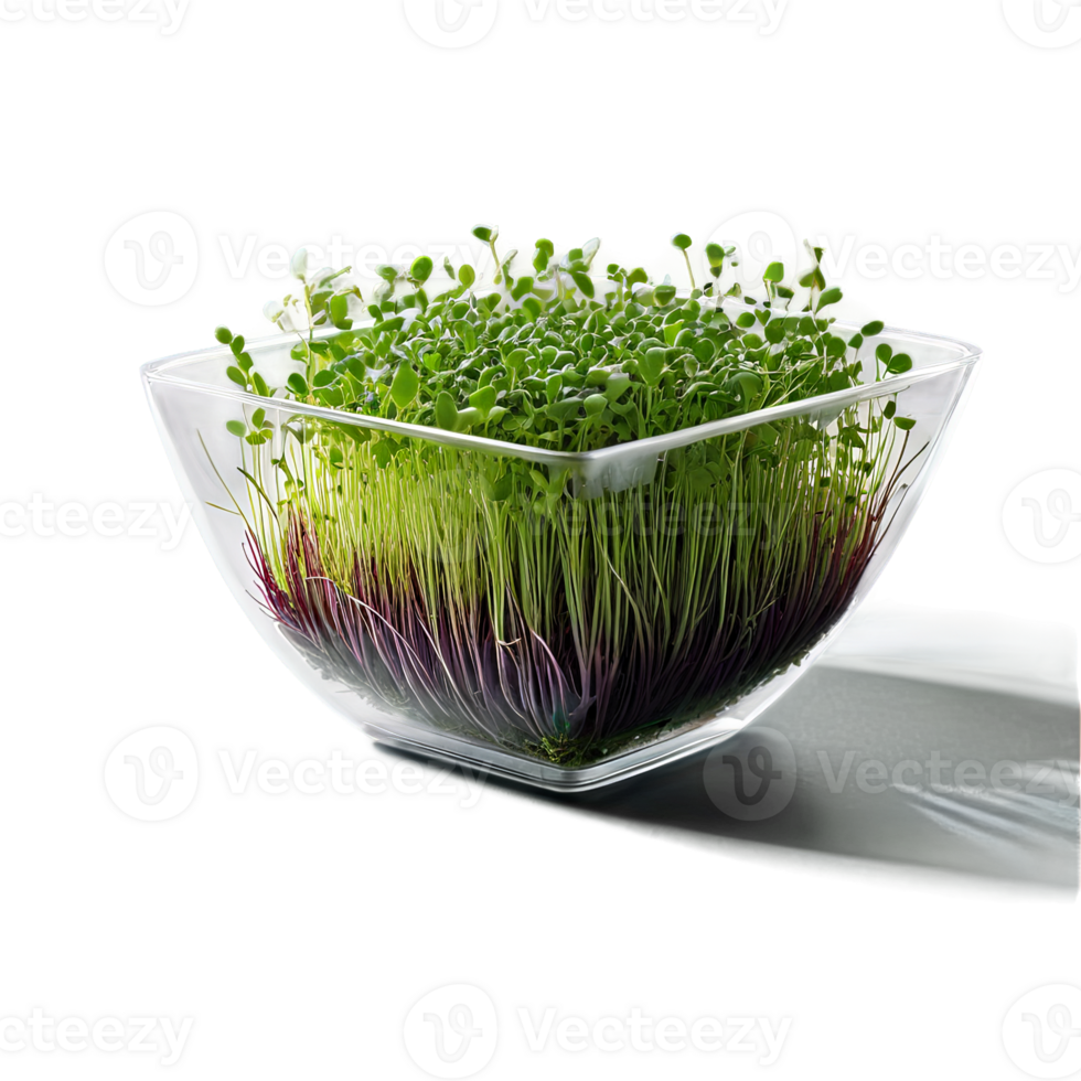 A close-up image of microgreens in a transparent bowl, with a creative focus on the intricate veins on th png