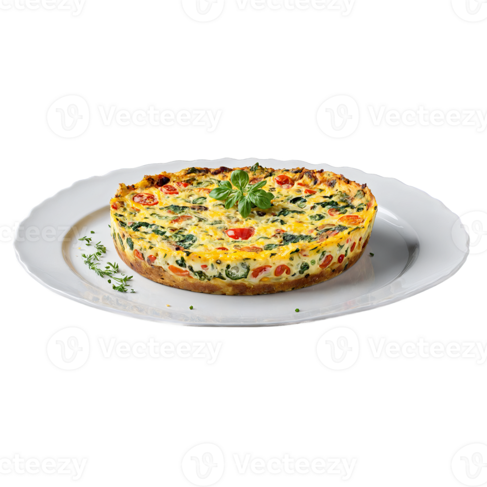 Breakfast frittata golden brown studded with veggies and cheese with a slice being lifted revealing png