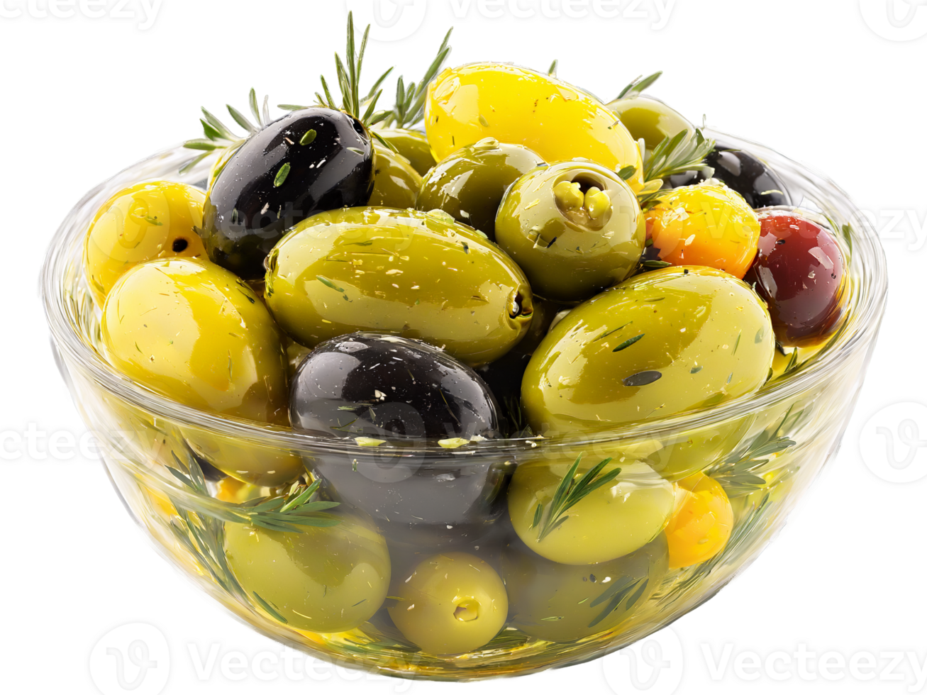 Olives mixed variety marinated with herbs served in a transparent glass bowl salty and briny png