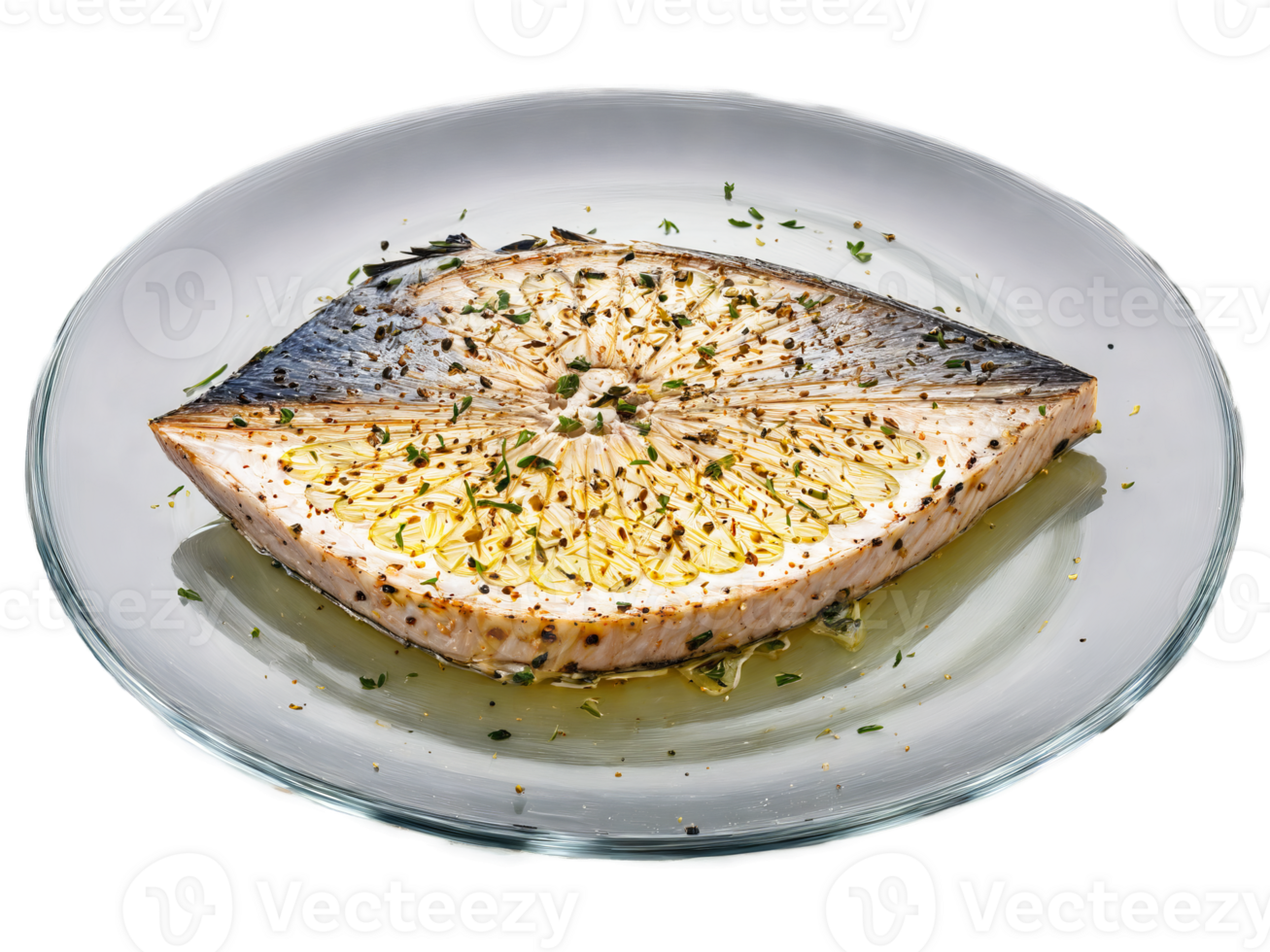 Grilled swordfish steak cut with lemon wedges on a transparent glass plate bold and simple png