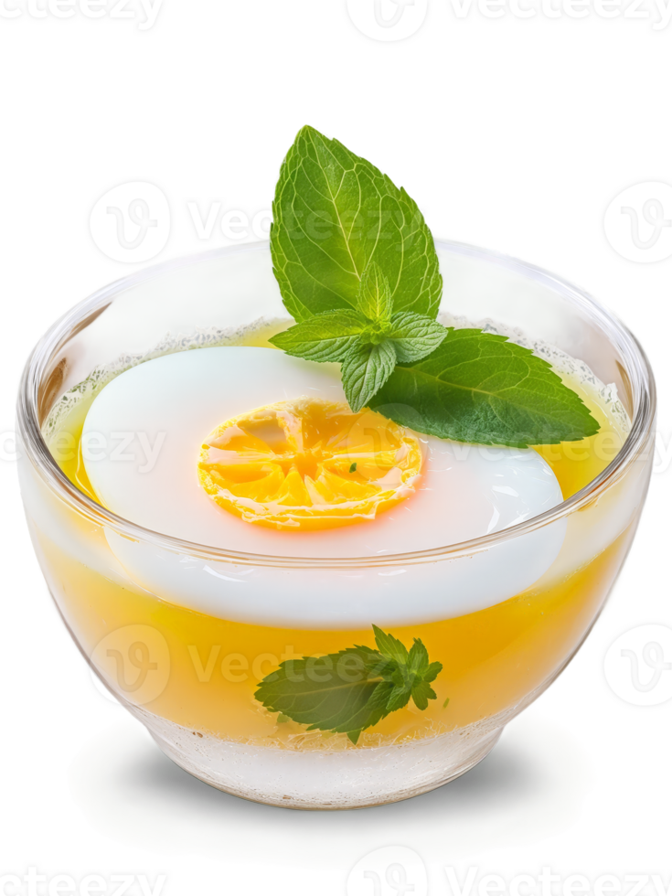 Myanmar Mohinga in clear glass bowl garnished with few slices of boiled egg and sprig png