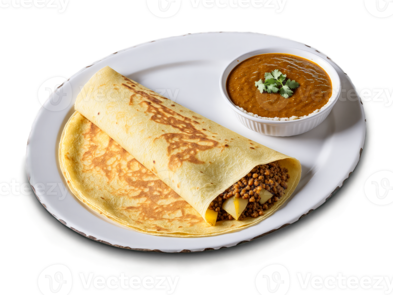 Masala dosa with fermented rice and lentil crepe potatoes and chutney png
