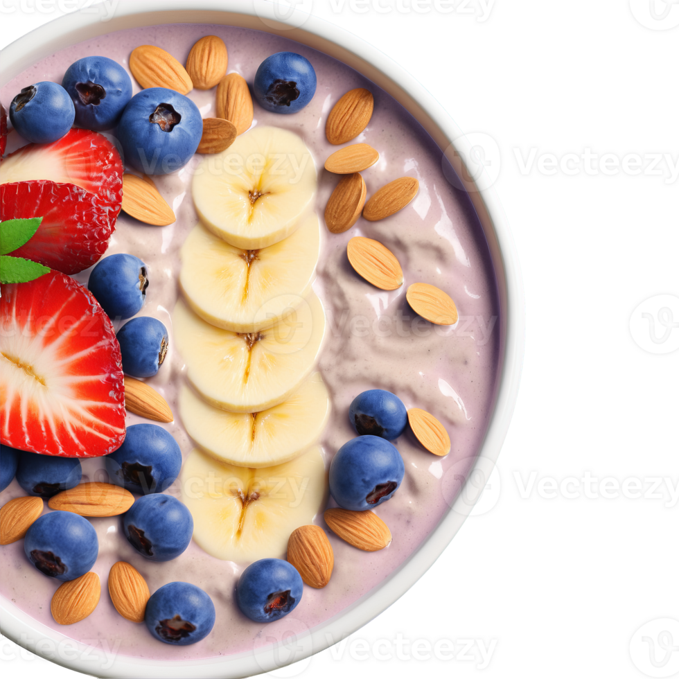 Breakfast smoothie bowl with a thick blend of frozen blueberries banana and almond milk topped png
