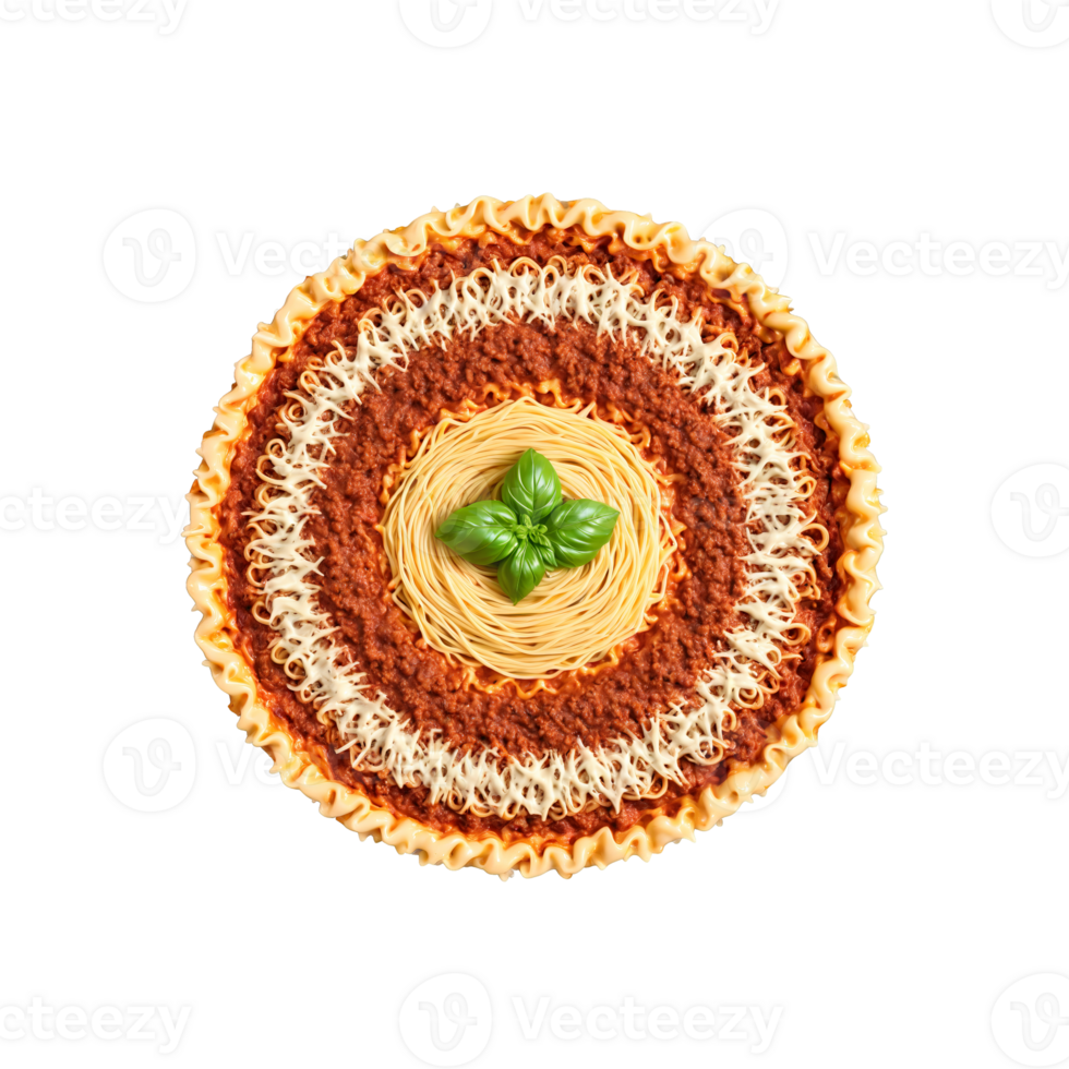 Lasagna Mandala layers of pasta meat sauce and cheese arranged in a precise radial design png