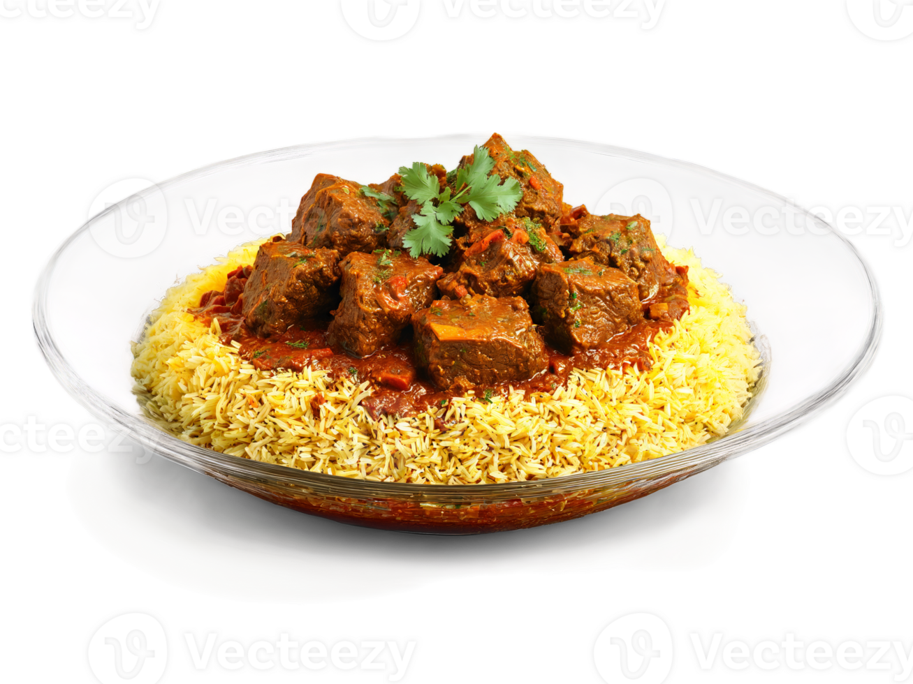Mutton Rogan Josh with tender lamb in a spiced curry served on a transparent glass png