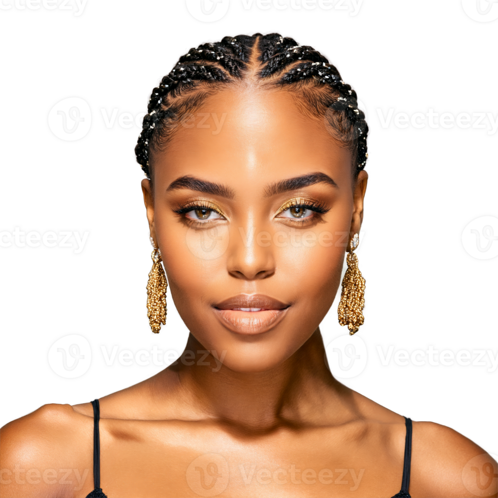 Olivia a beautiful African woman with braided hair and vibrant jewelry radiating confidence png