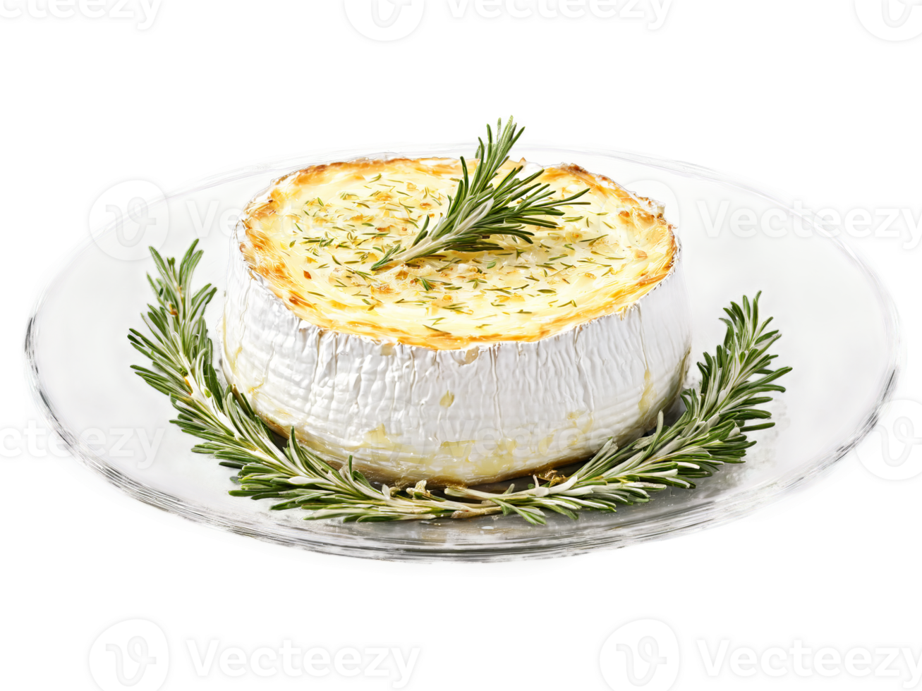 Winter snack baked camembert with rosemary and garlic served on a transparent glass dish melty png
