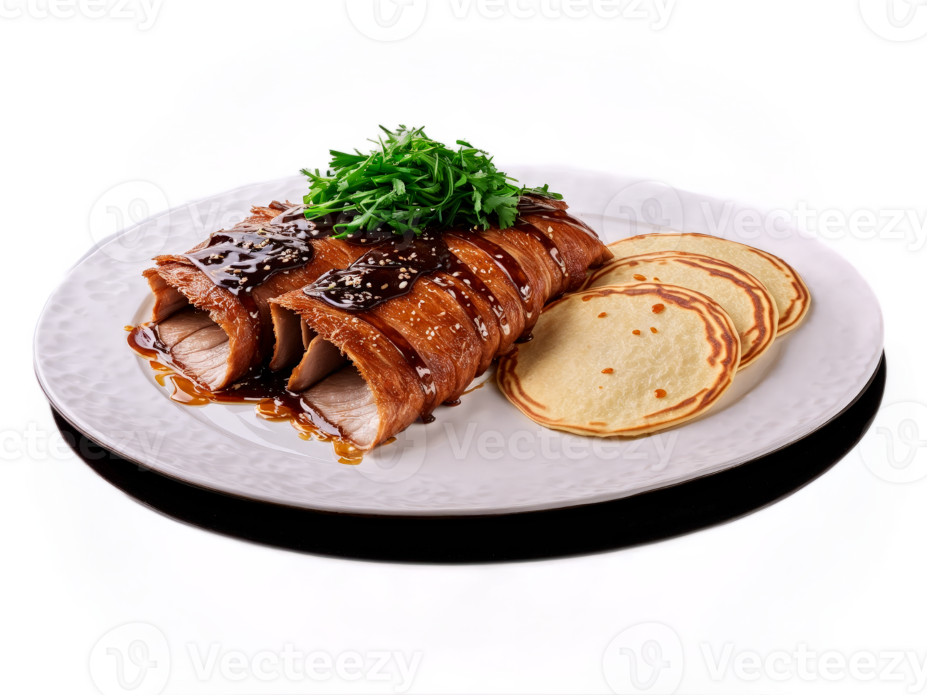 Peking Duck Succulent crispy skinned duck sliced and served with steamed pancakes fresh scallions png