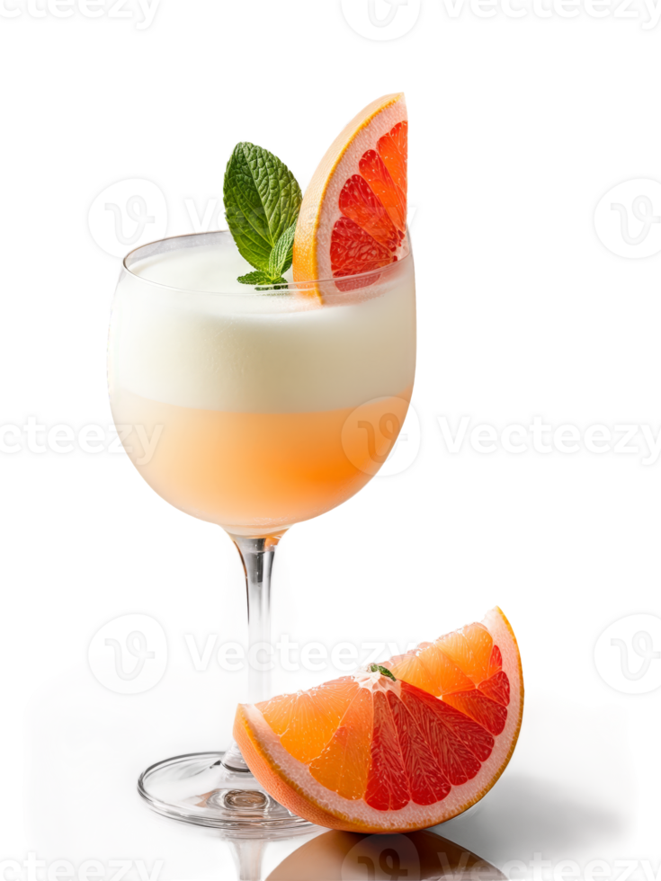 Pisco Sour with slice of grapefruit and sprig of mint in cocktail glass png