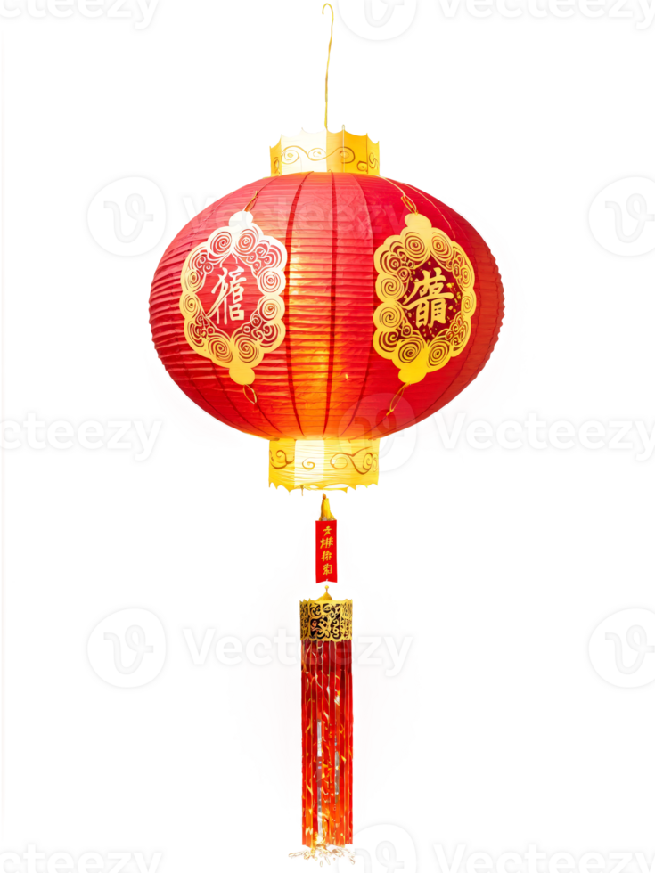 Chinese New Year Lantern - A vibrant red paper lantern with intricate gold designs, illuminated from within, with swirling ribbons and floating firecrackers. png