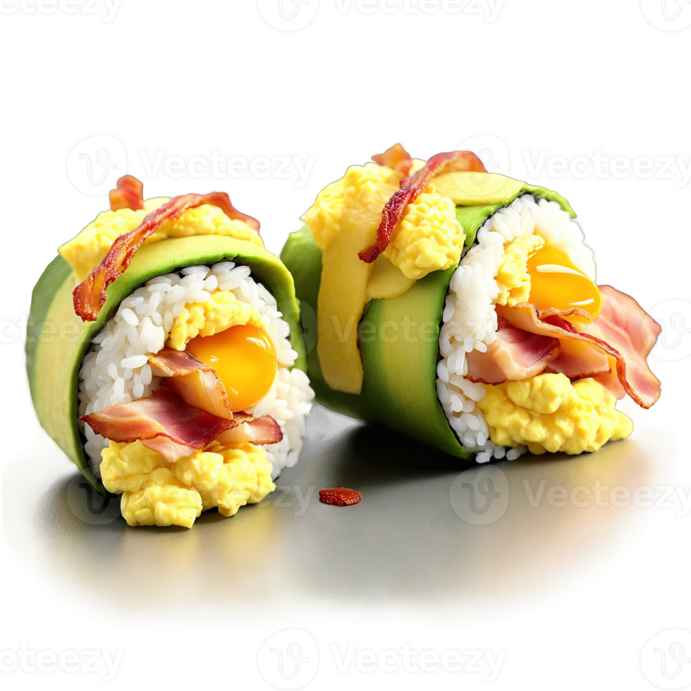 Breakfast sushi rolls with sushi rice wrapped around scrambled eggs crispy bacon and sliced avocado png