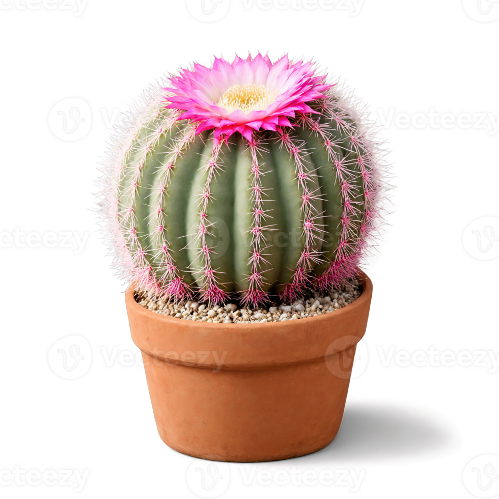 Pincushion Cactus small round cactus with white spines and pink flowers in a terracotta pot png