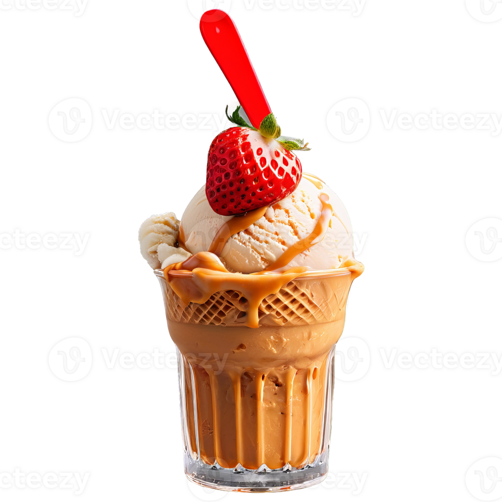 Peanut butter and jelly ice cream swirled with strawberry jam and peanut butter isolated on png
