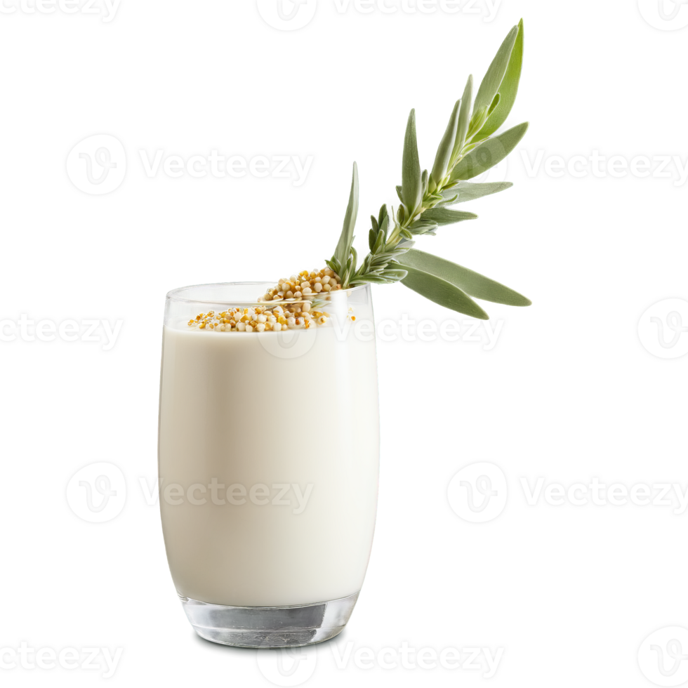 Sorghum milk in a glass tumbler garnished with a sprinkle of popped sorghum and a png