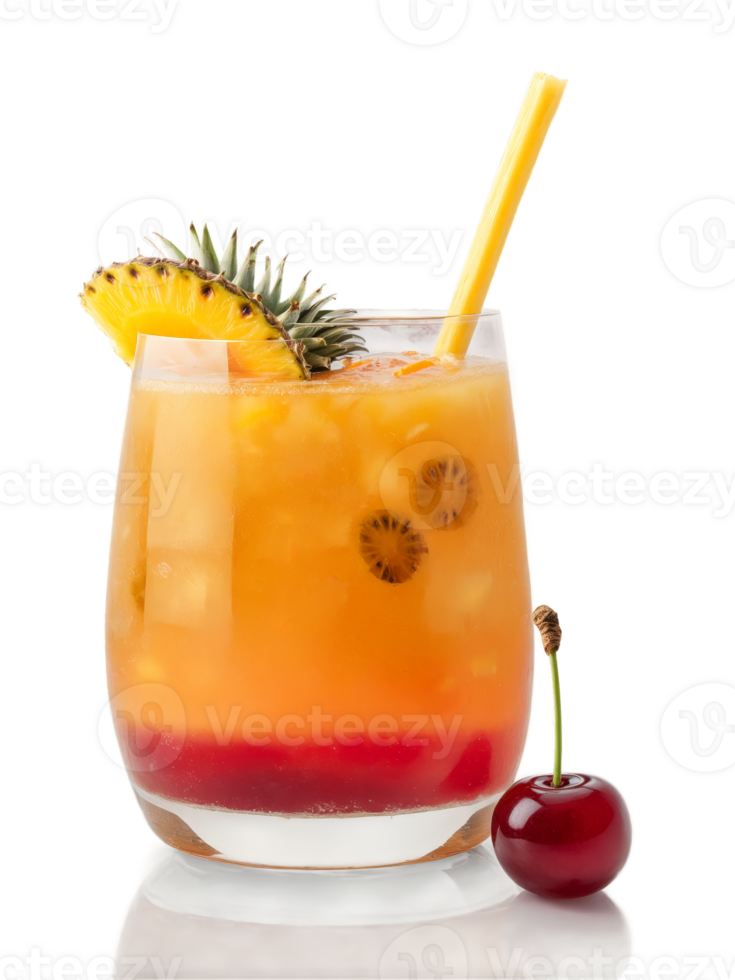 Jamaican Rum Punch with slice of orange slice of pineapple and cherry in hurricane glass png