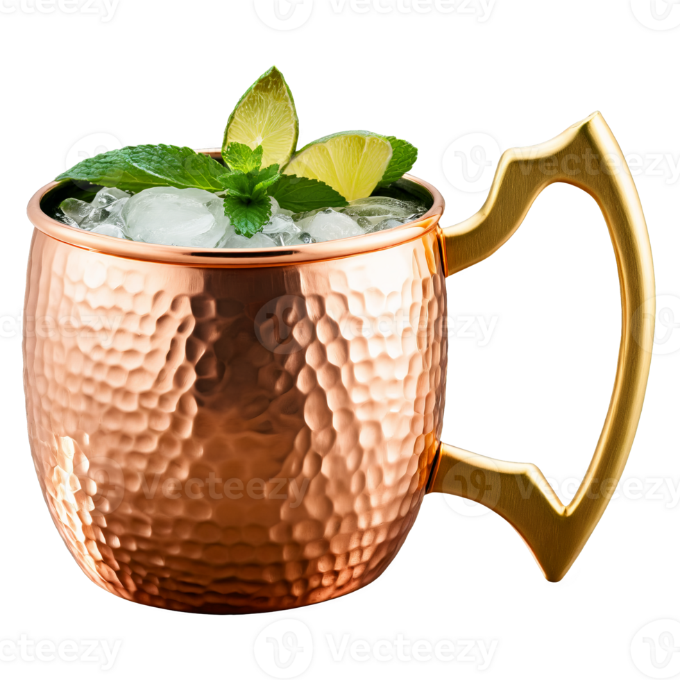 Sophisticated copper Moscow mule mug with a hammered finish garnished with a lime wedge and png
