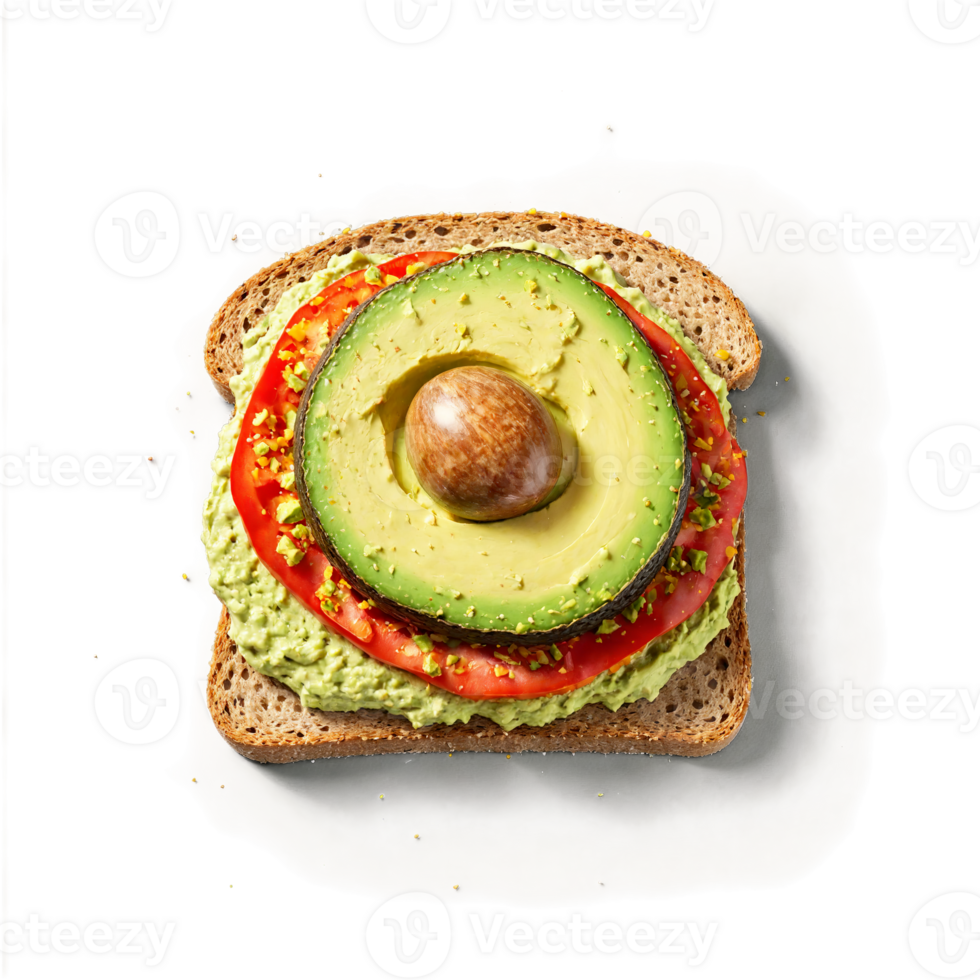 Avocado toast crisp bread topped with mashed avocado spinning and separating with red pepper flakes png