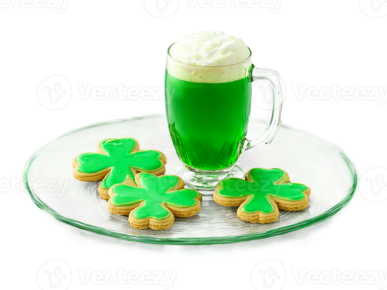 St Patrick s Day shamrock cookies and green beer served on a transparent glass dish png