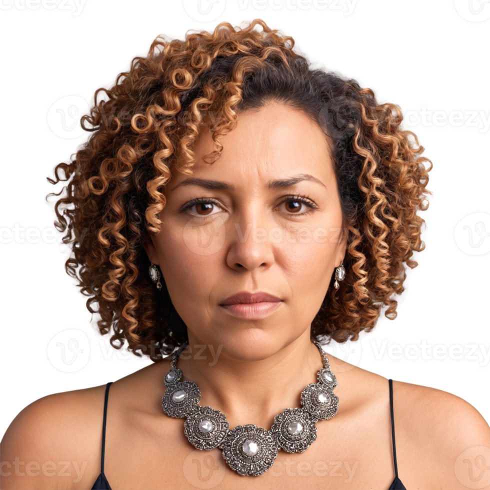 Middle aged multiracial woman with curly hair and statement necklace cute face seething eyes frowning. Essence of diverse femininity. png