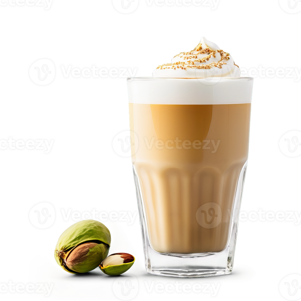 Pistachio latte in a clear glass cup showcasing the rich nutty flavor of pistachio syrup png