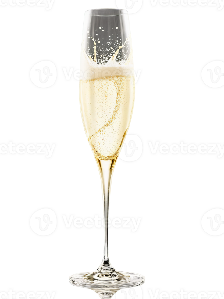 Rona Celebration Champagne flute, lead-free crystal, gently curved bowl, effervescent pale gold liquid, splashing motion, high contrast, festive mood, isolated on white png