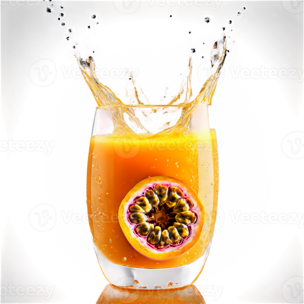 Passion fruit juice with seeds pulp and ice cubes in motion inside a glass with png