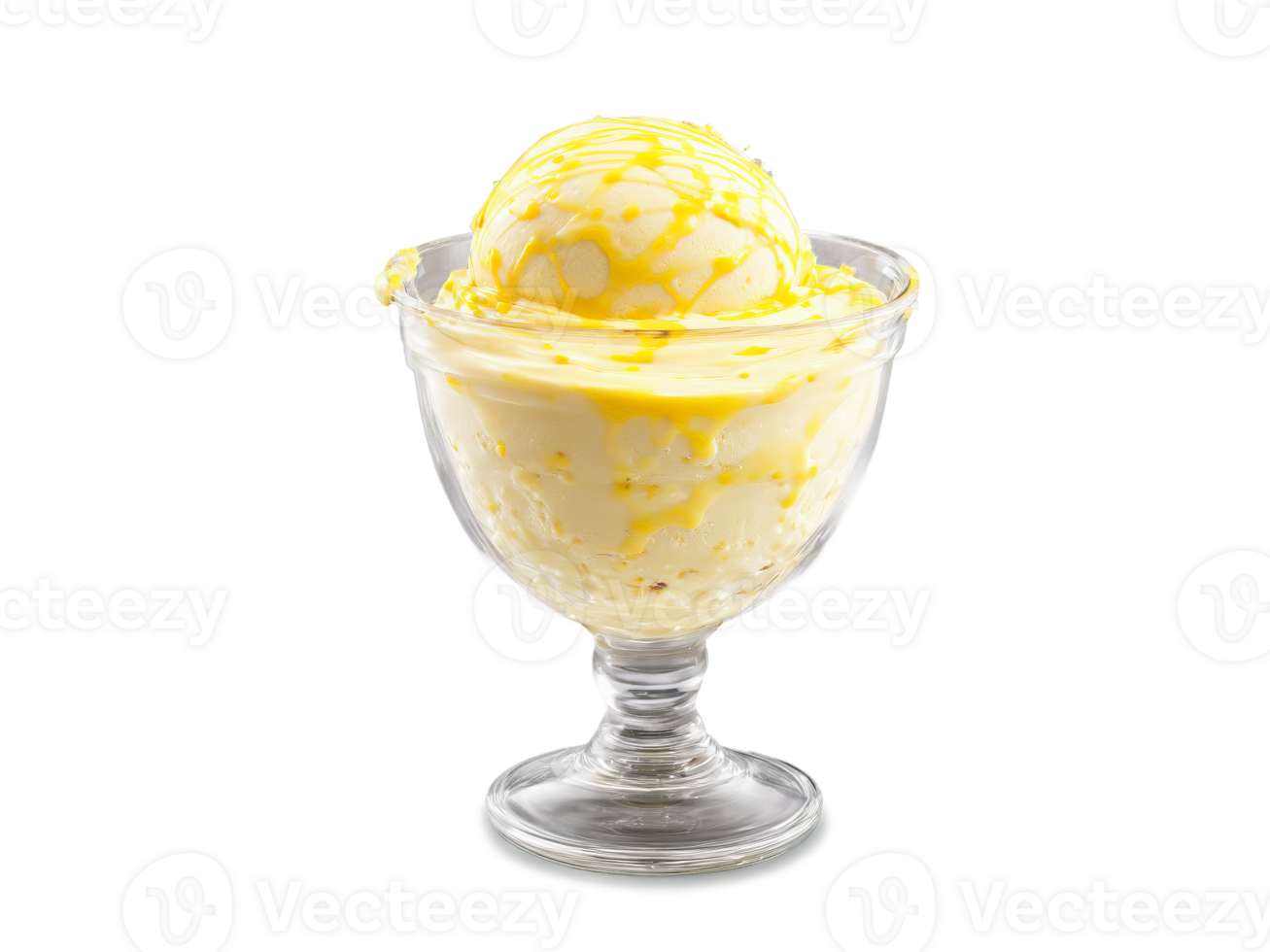 Ice cream lemon curd swirl in a creamy base scooped into a transparent glass cup png