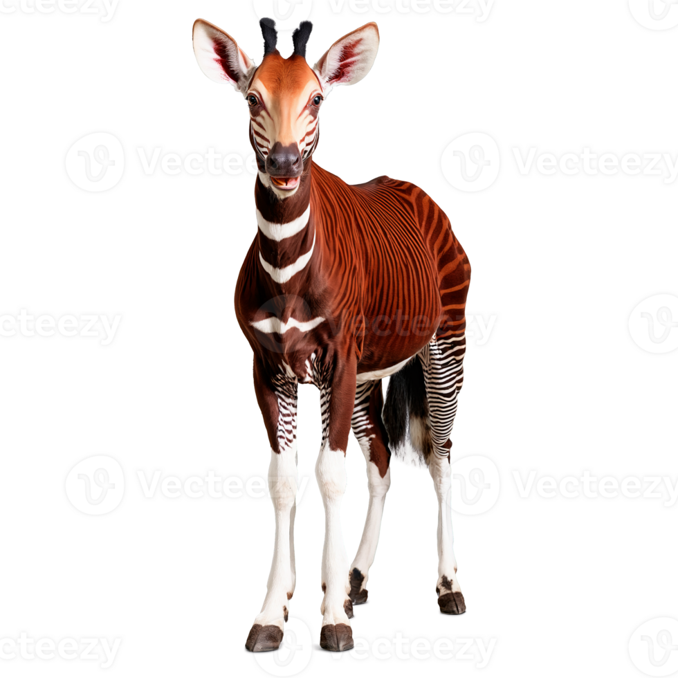 Regal okapi Okapia johnstoni standing alert reddish brown velvet coat distinctive striped legs Animal photography png