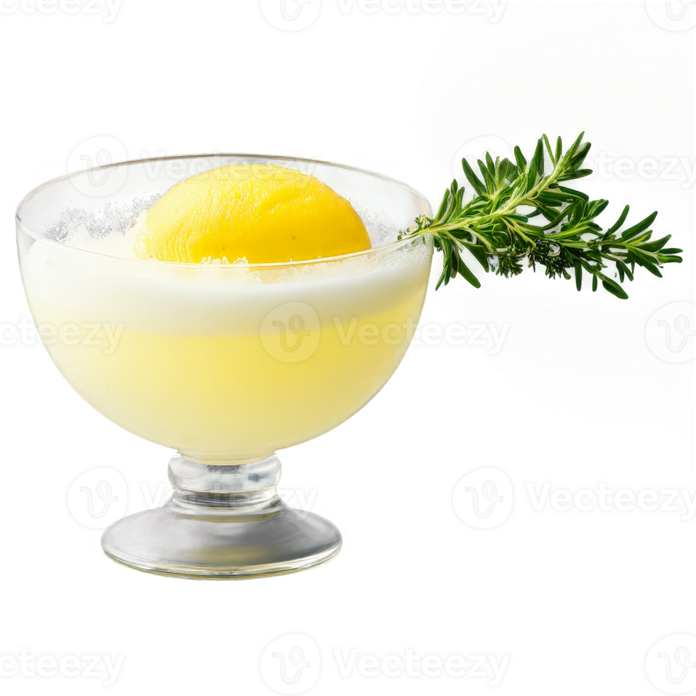 Lemon sorbet in a chilled glass coupe garnished with a lemon twist and a sprig png