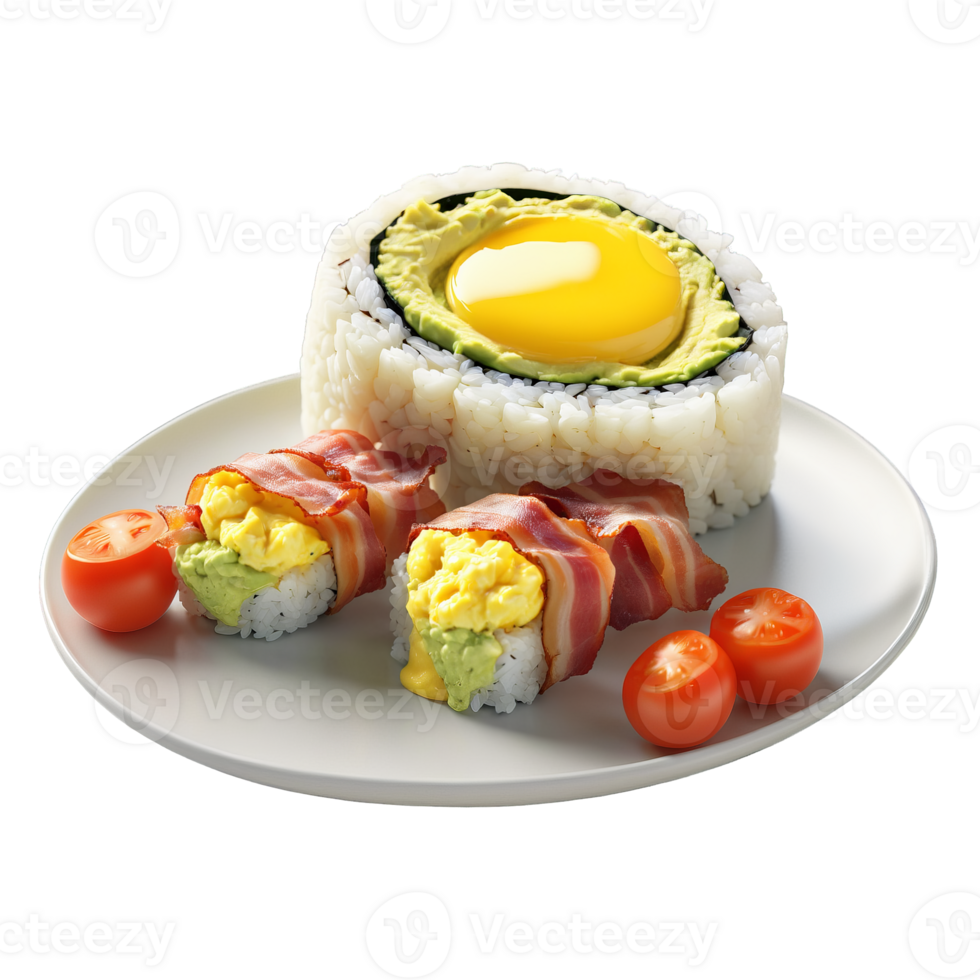 Breakfast sushi rolls with sushi rice wrapped around scrambled eggs crispy bacon and sliced tomatoes png