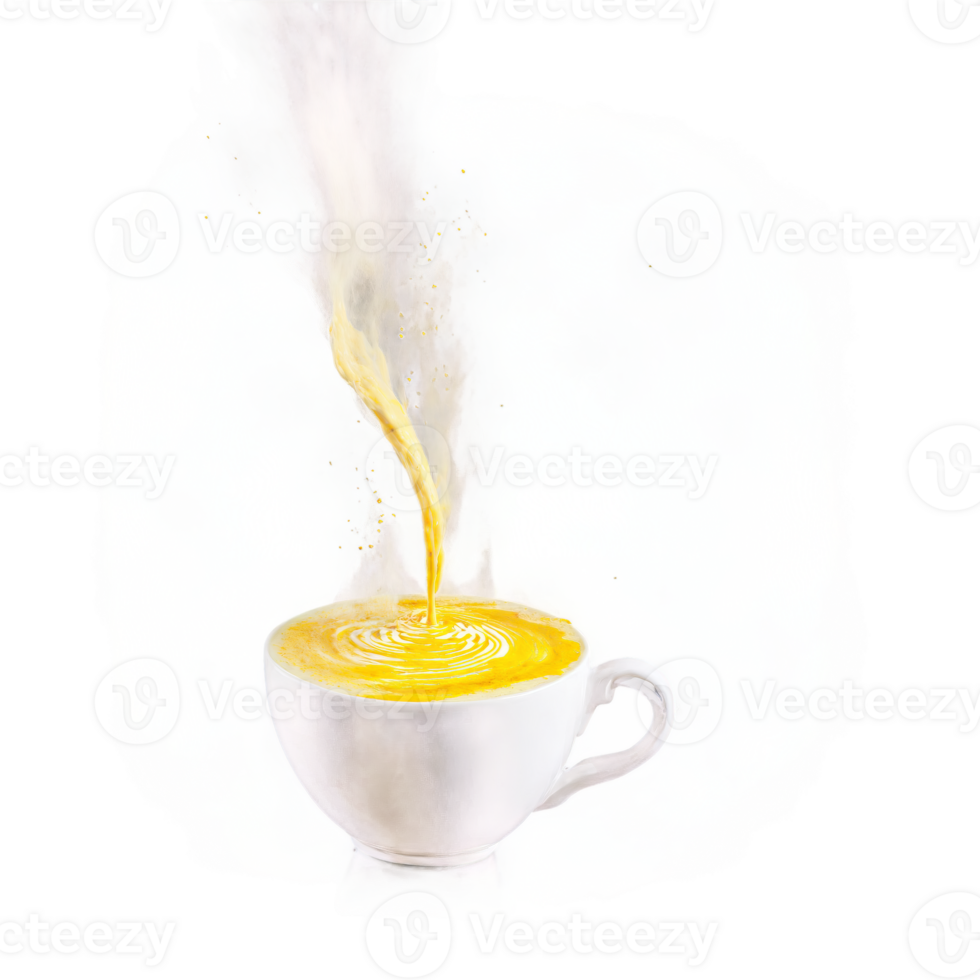 Turmeric latte pour vibrant yellow and frothy cascading into a cup with steam rising and png