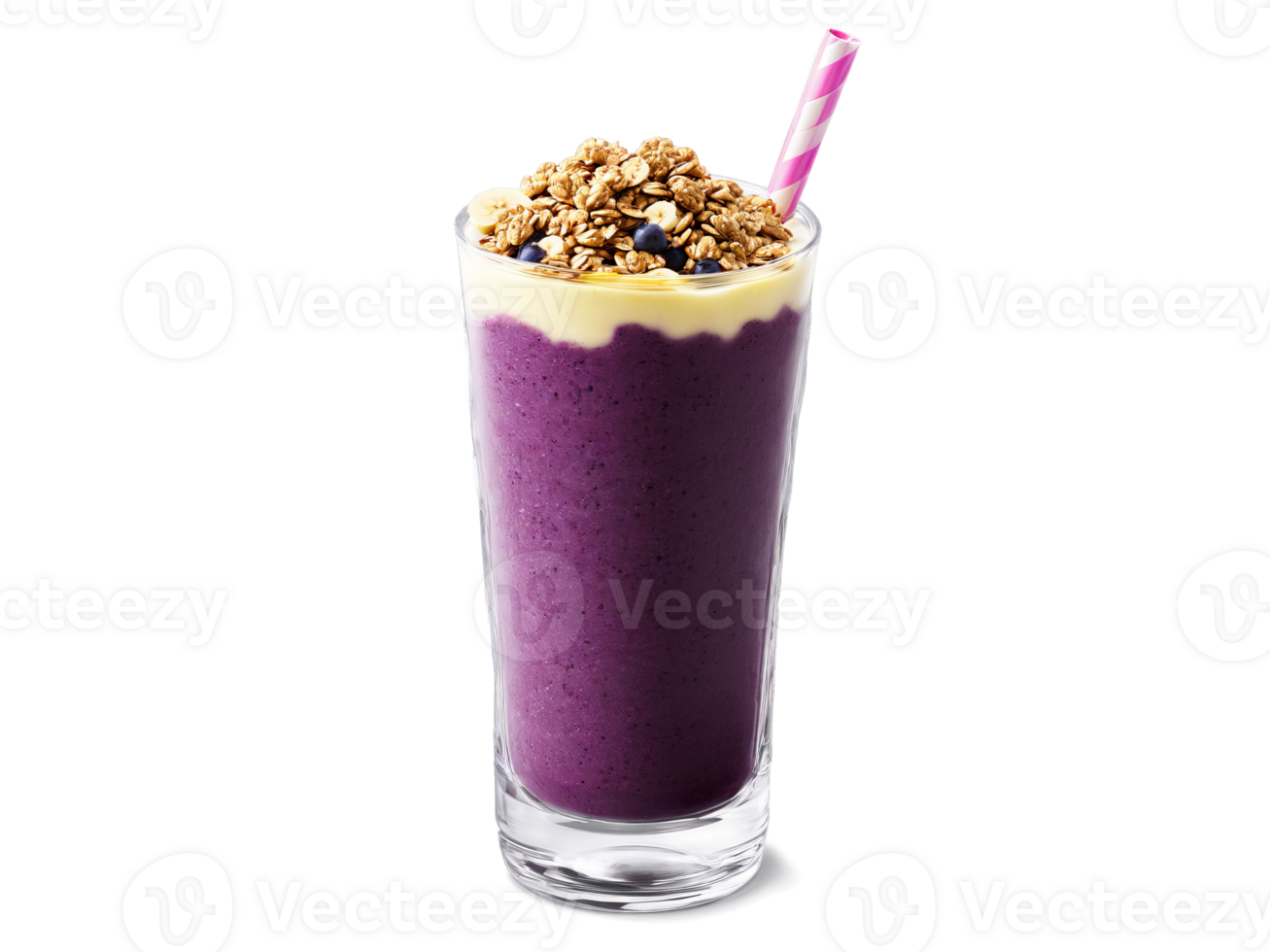 Smoothie deep purple acai with banana and a sprinkle of granola in a transparent glass png
