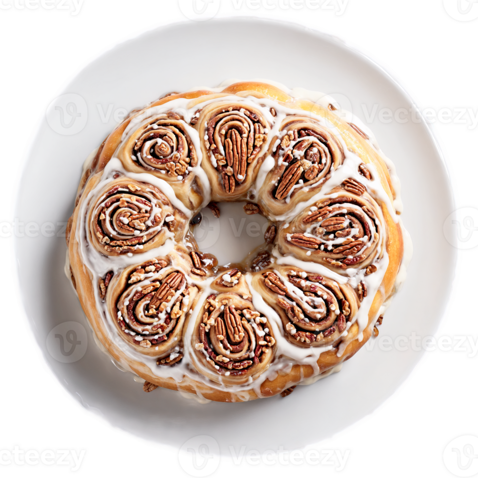 Breakfast cinnamon roll mandala an arrangement of gooey breakfast cinnamon rolls with icing and pecans png