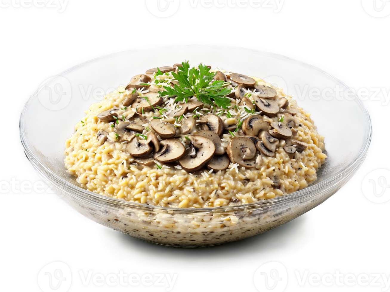 Mushroom risotto creamy and steaming with a garnish of parmesan on a transparent glass bowl png