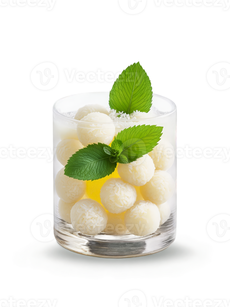 Indonesian Wedang Ronde in clear glass filled with sweet glutinous rice balls ginger and lemongrass png