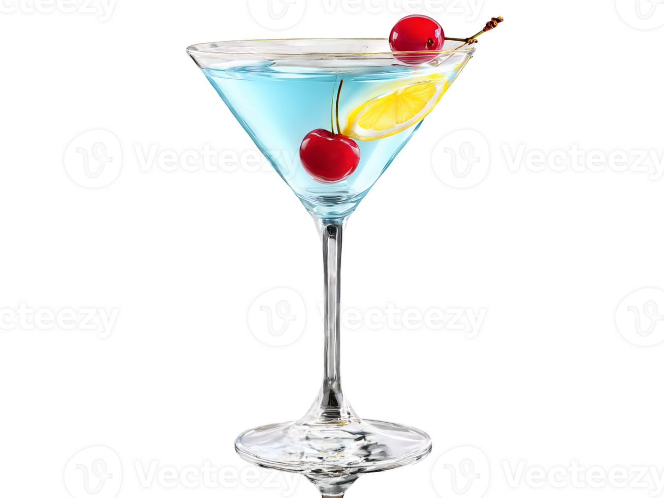 Luftfahrt ein glatt Martini Glas mit blass Blau Flüssigkeit Kirsche und Zitrone Twist mit Gin png