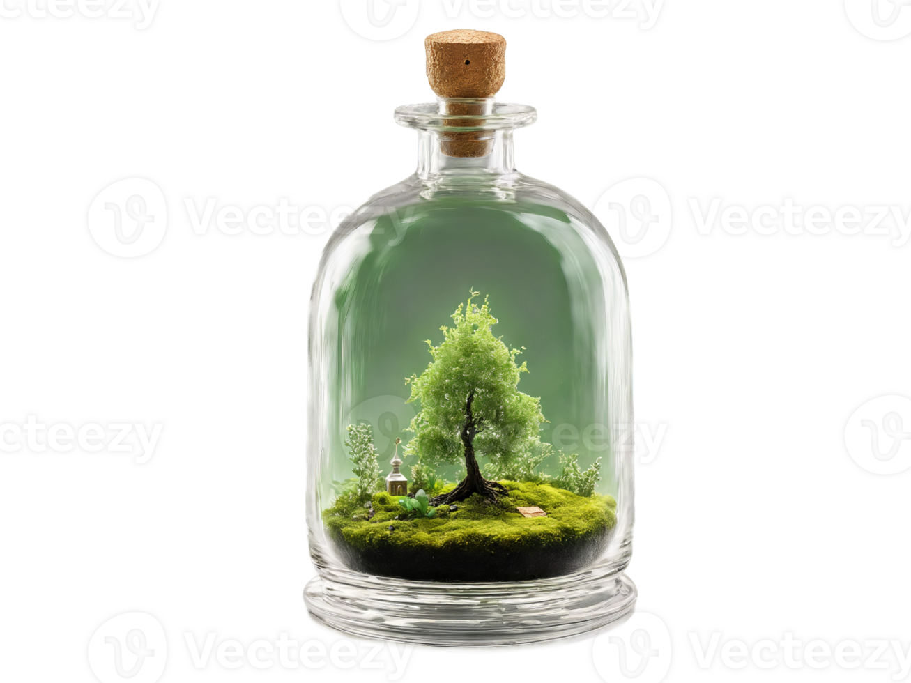 A glass terrarium with a miniature forest inside housing a green fairy absinthe its mists png