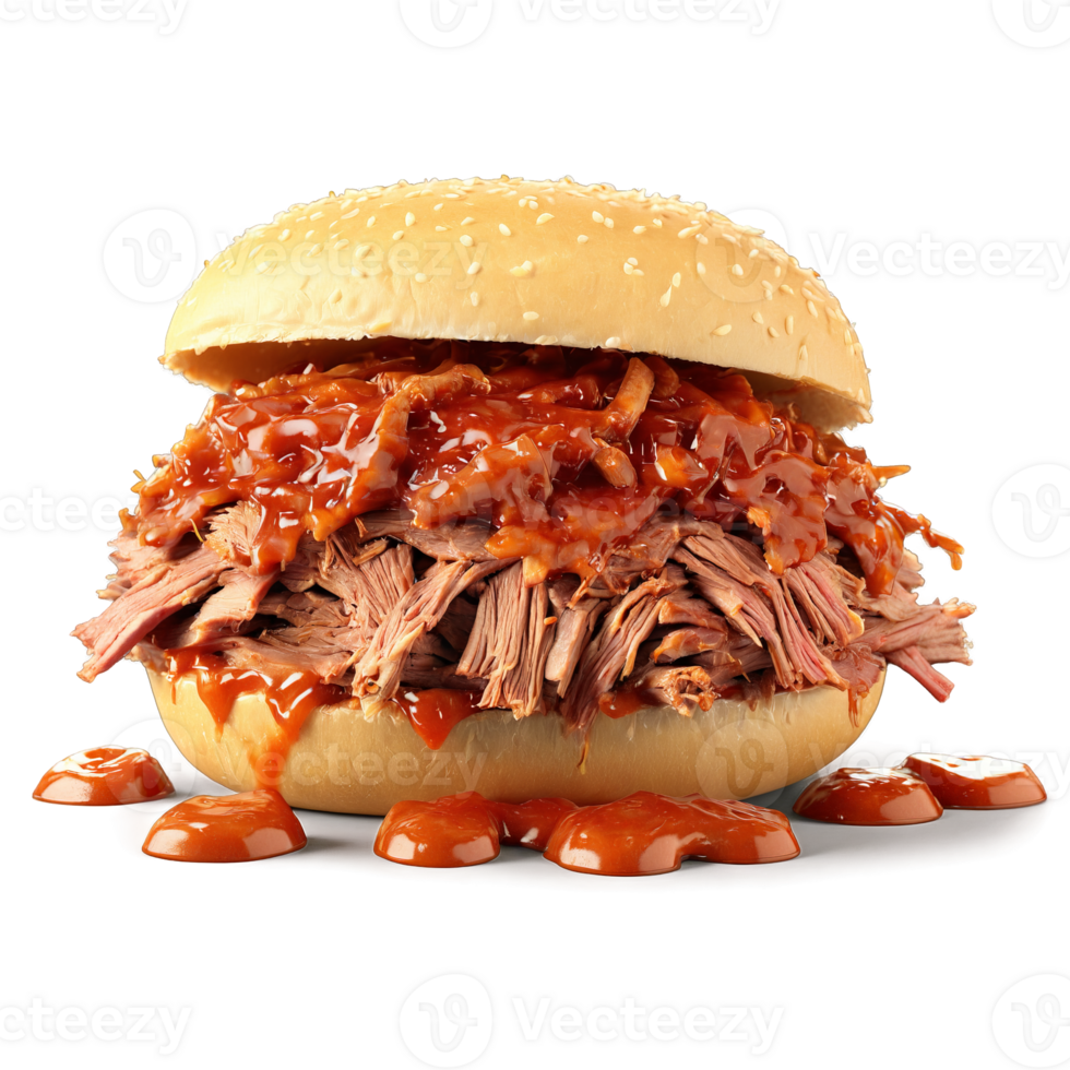 Pulled pork shredded meat pile tangy barbecue sauce dripping isolated on transparent background Food and png