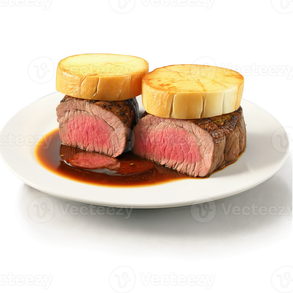Beef tenderloin medium rare slices fanned out au jus dripping Food and Culinary concept png