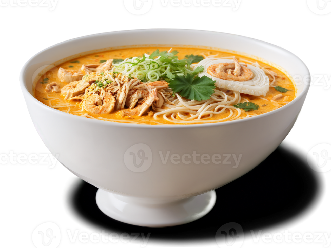 Laksa with spicy coconut milk soup rice noodles and protein on clean white surface png