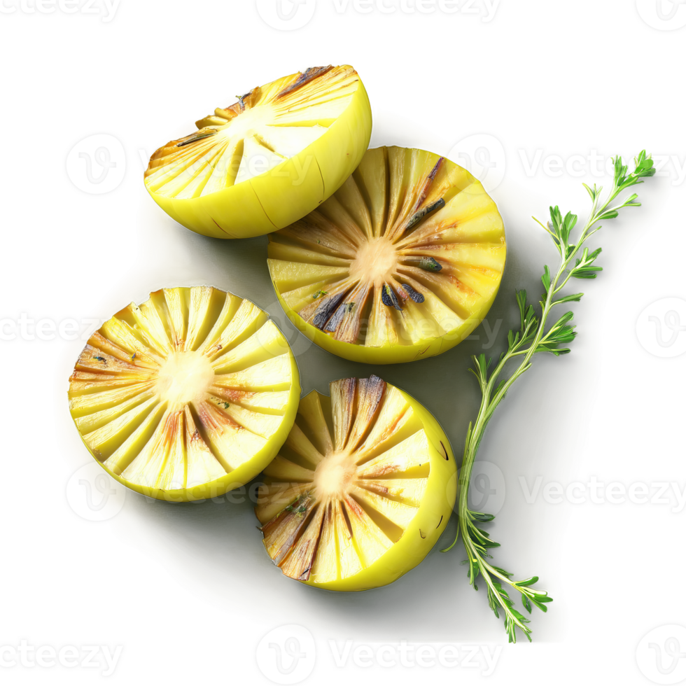 Roasted kohlrabi wedges golden brown garlic thyme sprigs olive oil vibrant purple Culinary and Food png
