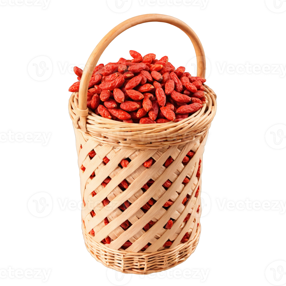 Dried goji berries in a vibrant wicker basket bright red with a subtle sheen png