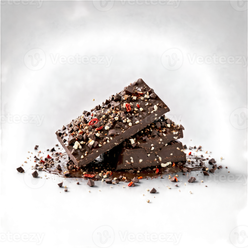 Smoky chipotle dark chocolate studded with dried chipotle peppers breaking apart and releasing a fiery png