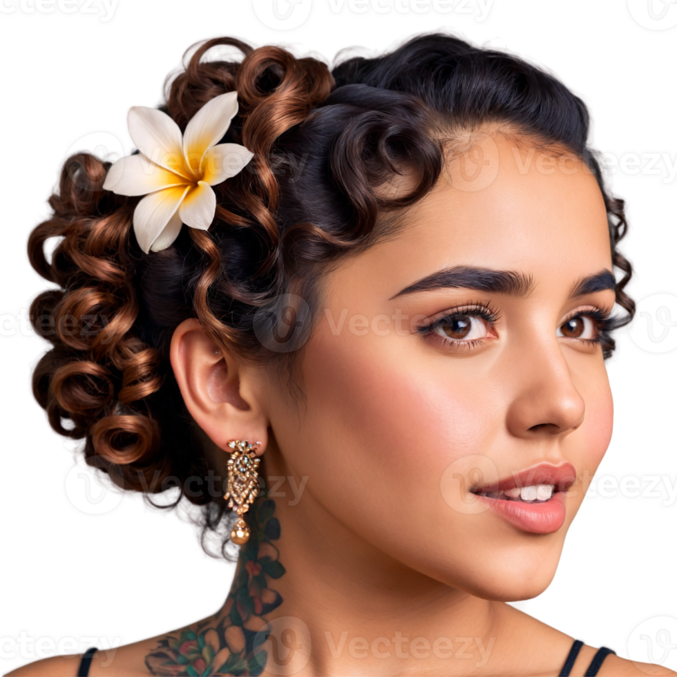 Young Latinx woman with curly updo and floral tattoo plain face pleasing eyes singing mouth. Essence of diverse femininity. png