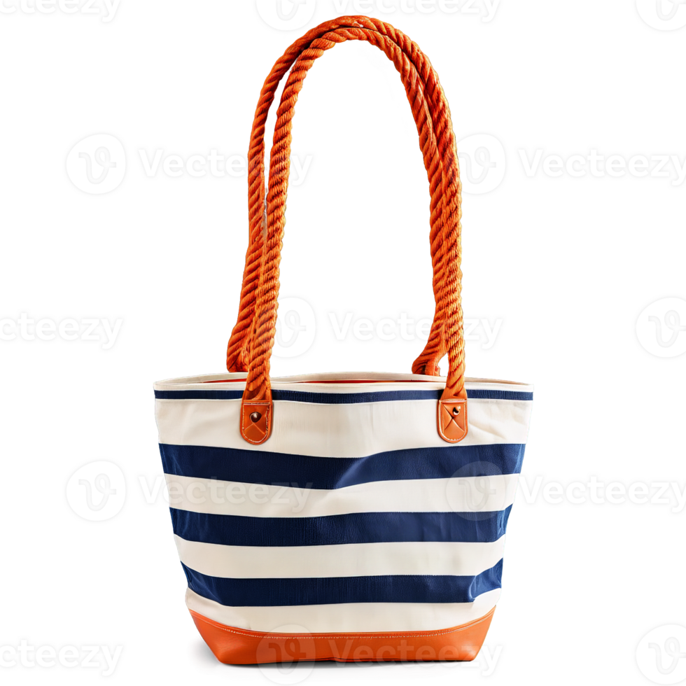 Classic canvas beach tote bag with rope handles and a nautical stripe pattern standing upright png