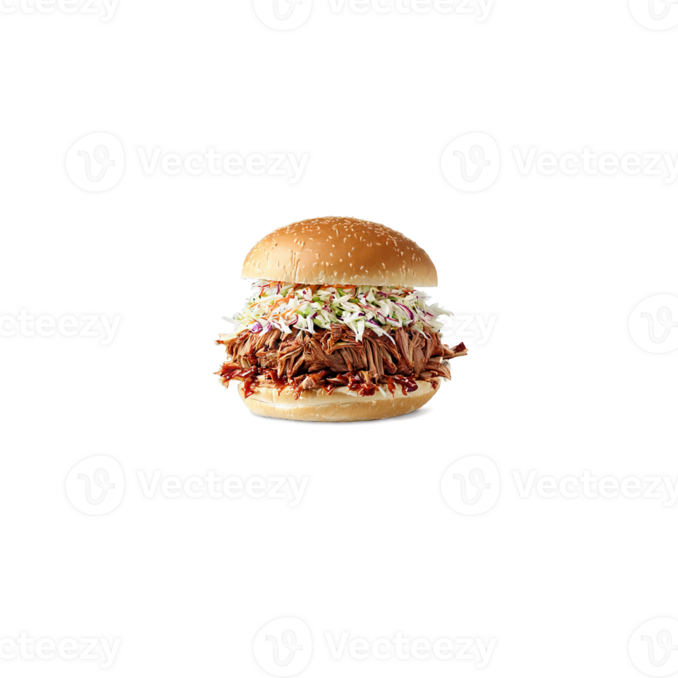 Pulled pork sandwich with tender meat BBQ sauce coleslaw levitating Food and culinary concept png