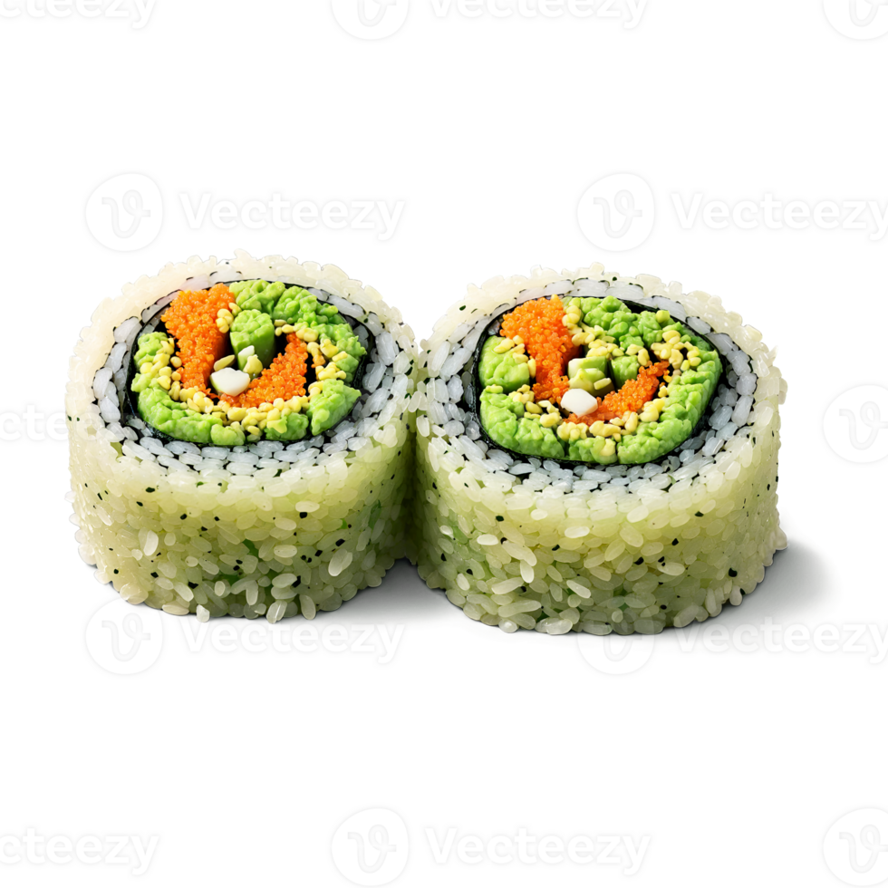 Quinoa sushi rolls colorful and tightly wrapped slicing apart with pickled ginger and wasabi on png