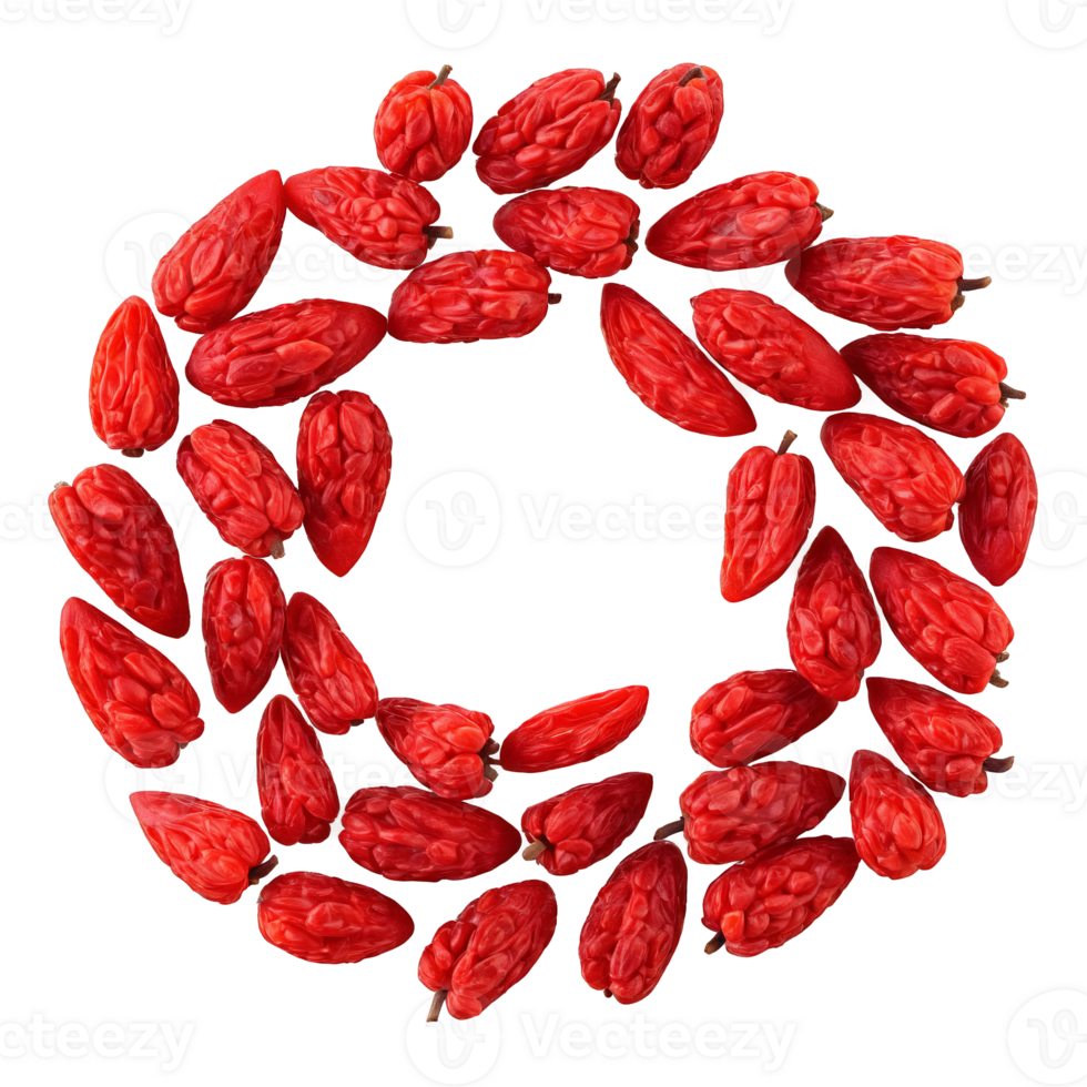 Goji Berries dried goji berries arranged in a spiral shape with some berries rehydrated png