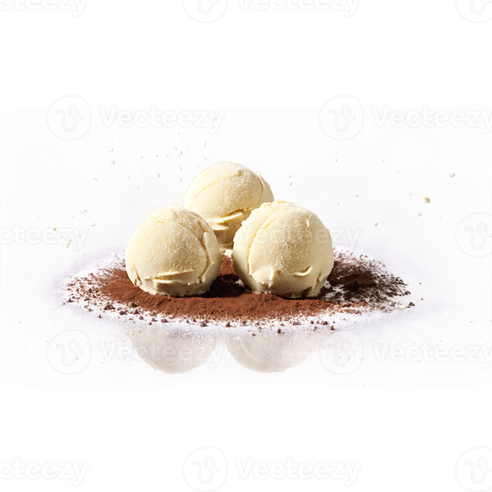 White chocolate truffles dusted with cocoa powder floating and spinning with a misty spray of png